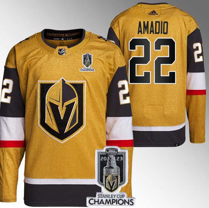 Mens Vegas Golden Knights #22 Michael Amadio Gold 2023 Stanley Cup Champions Stitched Jersey